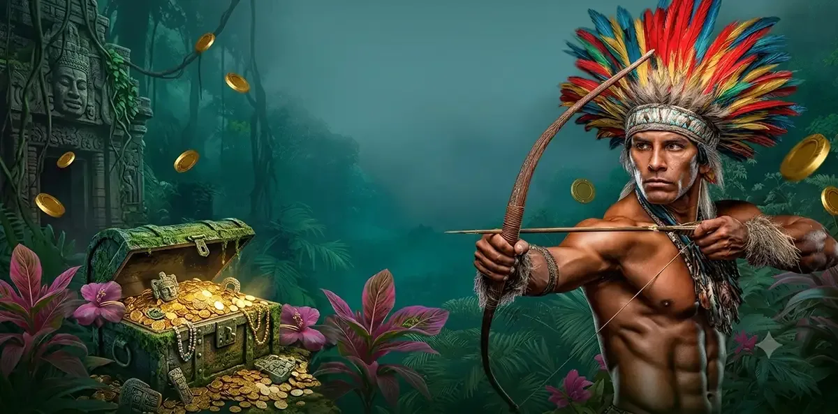 Maya-krijger met pijl en boog in een mistige jungle met tempel en schatkist vol goud